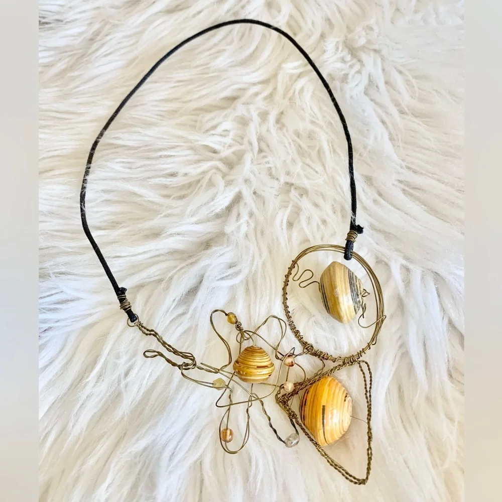 Artisan Handcrafted Necklace Brass Wire Yellow Bead Boho Artsy Statement